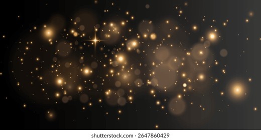 The light of gold dust, bokeh light effect background. Christmas glowing dust background, Yellow flickering glow with confetti bokeh light and particle motion. The dust sparks and golden stars shine.