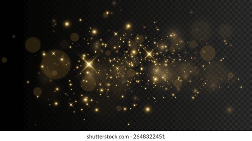The light of gold dust, bokeh light effect background. Christmas glowing dust background, Yellow flickering glow with confetti bokeh light and particle motion. The dust sparks and golden stars shine.