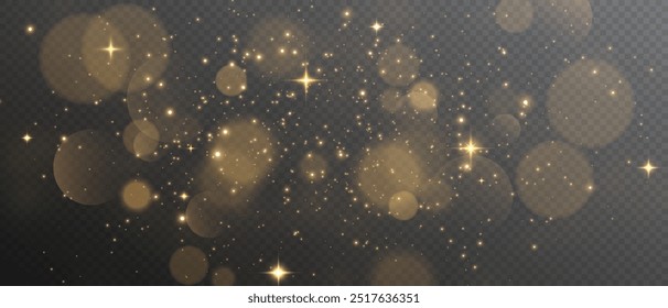 The light of gold dust. A stunning bokeh light effect background png. A gorgeous Christmas glowing dust background. A beautiful yellow flickering glow with confetti bokeh light and particle motion.