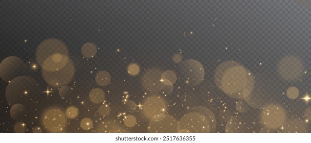 The light of gold dust. A stunning bokeh light effect background png. A gorgeous Christmas glowing dust background. A beautiful yellow flickering glow with confetti bokeh light and particle motion.