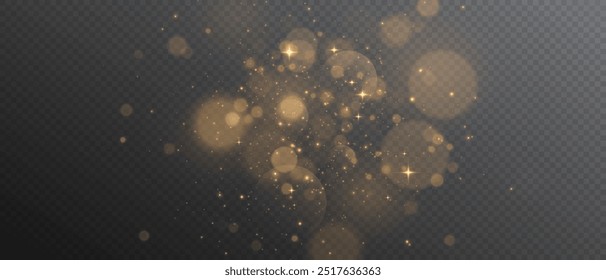 The light of gold dust. A stunning bokeh light effect background png. A gorgeous Christmas glowing dust background. A beautiful yellow flickering glow with confetti bokeh light and particle motion.