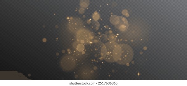 The light of gold dust. A stunning bokeh light effect background png. A gorgeous Christmas glowing dust background. A beautiful yellow flickering glow with confetti bokeh light and particle motion.