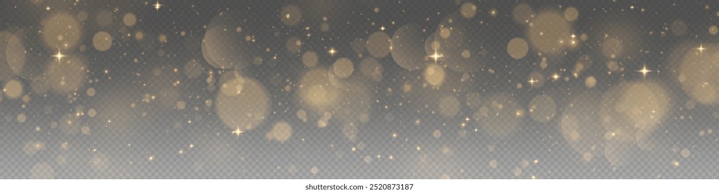 The light of gold dust. A stunning bokeh light effect background png. A gorgeous Christmas glowing dust background. A beautiful yellow flickering glow with confetti bokeh light and particle motion.