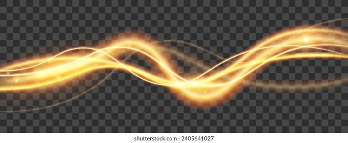 Light gold effect of shiny lines.Gold color glowing design element.Wavy bright stripes.	
