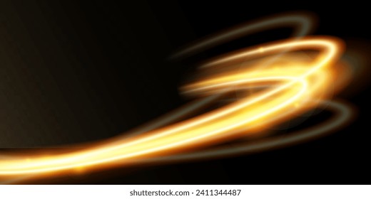 Light gold effect of shiny lines.Gold color glowing design element.Wavy bright stripes.	