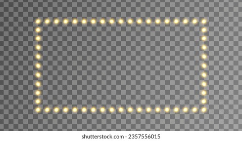 Heller goldener Rahmen. Glitter Luxus-Dekoration. Goldene Zwiebelgrenze. Rechteckbanner der Lampe. Retro-Neonwand-Plakatwand. Kino, Casino-Design. Mirror-Hintergrund. Vektorgrafik.