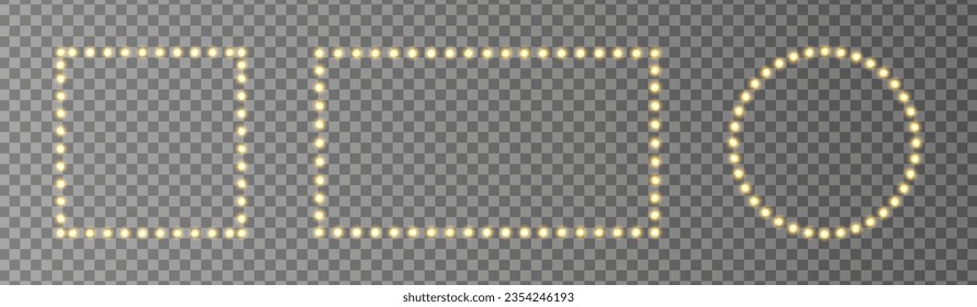 Light gold frame set. Glitter luxury decoration. Golden bulb border. Lamp rectangle, circle, square banner. Retro neon wall billboard. Cinema, casino design. Mirror background. Vector illustration.