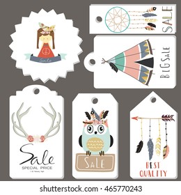 Light Gold Pink Tag Sale With Feather,indian Tent,owl And Girl In Boho Style