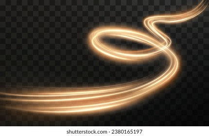 Light gold Twirl png. Curve light effect of neon yellow line. Luminous yellow spiral png. Element for your design, advertising, postcards, invitations, screensavers, websites, games.