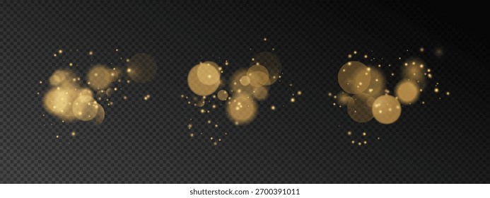 Light golden background. Grouped bokeh lights, specks, stars, sparkles arranged as set. Vector glitter effect. Design for new year graphics. Used in festive illustration.