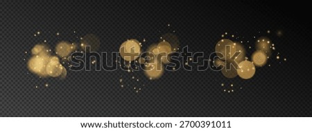 Light golden background. Grouped bokeh lights, specks, stars, sparkles arranged as set. Vector glitter effect. Design for new year graphics. Used in festive illustration.