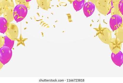 Light golden balloons with purple balloons confetti falling On White Background. Vector Illustration