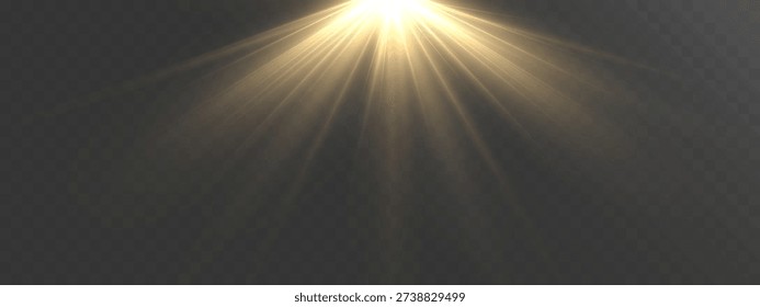 Light golden spotlight rays shining from top center isolated on transparent background.