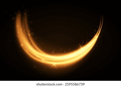 Light golden swirl neon lighting effect, spiral lines of light. Phoenix feather on black background. Vector EPS 10.