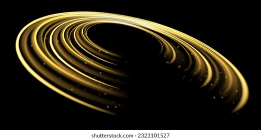 Light golden Twirl. Curve light effect of golden line. Luminous golden circle. Light gold pedistal, podium, platform, table. Vector PNG. Comet white light. Vector illustration 