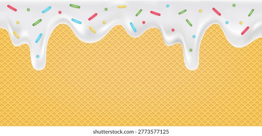 Light Golden Waffle Cone Texture with Dripping White Icing and Colorful Sprinkles Background