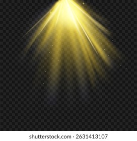 light golden yellow rays burst creating a glowing light effect, sparkling stars on transparent background