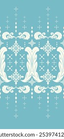 Light Graceful Cream Beige Wreath Border Ornament Embroidery on Blue Teal Background for Luxury Rich Decoration. Royal Craft Haute Couture Stars and Nature Leaves Feathers. Seamless Pattern Vector