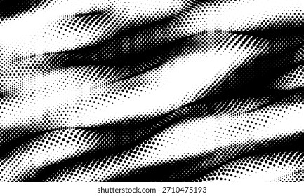 Gradiente de luz medio tono puntos grunge fondo ancho. Fondo de puntos semitono degradado monocromo. Ilustración vectorial. Ola grande