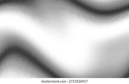 Gradiente de luz medio tono puntos grunge fondo ancho. Fondo de puntos semitono degradado monocromo. Ilustración vectorial. Ola grande