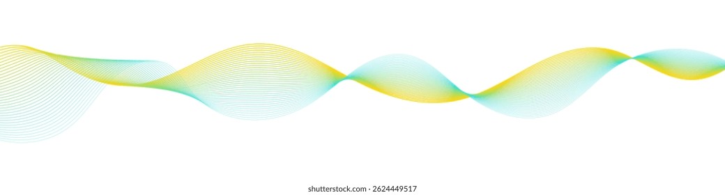 Onda de gradiente de luz en tonos amarillos y turquesas. Líneas dinámicas suaves que forman el patrón digital que fluye. Vector EPS 10