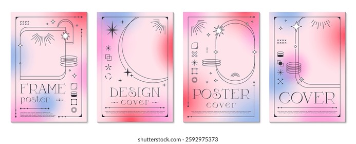 Light gradient y2k posters. Abstract aesthetic background or cover templates with bright color spots and brutalism elements. Vector vertical cards with geometric figures and linear celestial shapesV