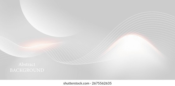 Um fundo cinza claro cria uma atmosfera simples, elegante e minimalista. Uma linha de onda transparente flui através do quadro, com um ponto quente e reflexivo no final da onda à direita.