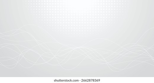 Um fundo cinza claro com fluido, linhas onduladas brancas abstratas entrelaçadas com padrões de pontos de meio-tom sutis, criando um design moderno, orgânico e minimalista 4