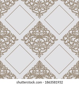 Light gray background with a platinum classic pattern. Square endless texture with elegant floral ornament rhombus-shaped. Template for wallpaper, textile, web, wrapping paper. Vector illustration.