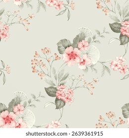 A light gray beige background is filled with a repeating pattern of bouquets of flowers. The flowers are various shades of pink, ranging from light blush to deeper rose and coral tones.