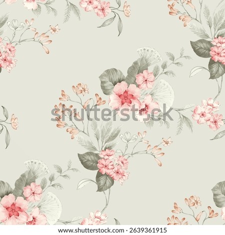 A light gray beige background is filled with a repeating pattern of bouquets of flowers. The flowers are various shades of pink, ranging from light blush to deeper rose and coral tones.