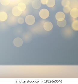 Fondo desenfocado azul gris claro con bokeh dorado. La recolección para mostrar el producto muestra un fondo pastel borroso. Brillo dorado. Copiar espacio. Ilustración del vector