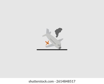 a light gray cartoon airplane that has crashed and is tilted downwards on a black ground line