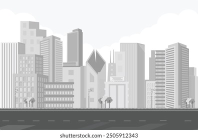 Light gray City buildings with trees, Road and cloud, Modern architectural flat style vector illustration.