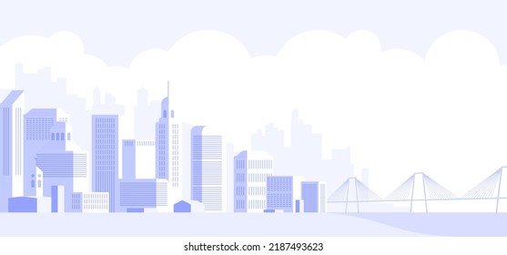 Light Gray Cityscape Background With Bridge. City Buildings With Trees At Park View. Urban Landscape With Street. Modern Architectural Panorama In Flat Style. Vector Illustration Horizontal Wallpaper