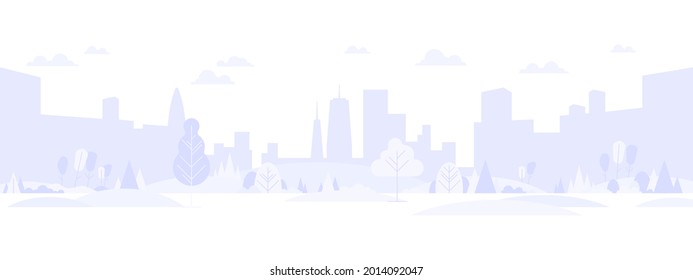Light gray cityscape background. City buildings with trees at park view. Monochrome urban landscape with street. Modern architectural panorama in flat style. Vector illustration horizontal wallpaper - Shutterstock ID 2014092047