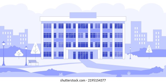 Light gray cityscape background. City buildings with trees at park view. Monochrome urban landscape with street. Modern architectural panorama in flat style. Vector illustration horizontal wallpaper