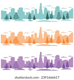 Light gray cityscape background. City buildings with trees at park view. Monochrome urban landscape with street. Modern architectural panorama in flat style. Vector illustration horizontal wallpaper