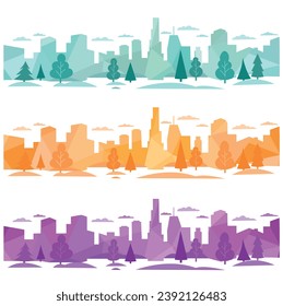 Light gray cityscape background. City buildings with trees at park view. Monochrome urban landscape with street. Modern architectural panorama in flat style. Vector illustration horizontal wallpaper