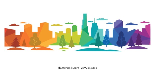 Light gray cityscape background. City buildings with trees at park view. Monochrome urban landscape with street. Modern architectural panorama in flat style. Vector illustration horizontal wallpaper