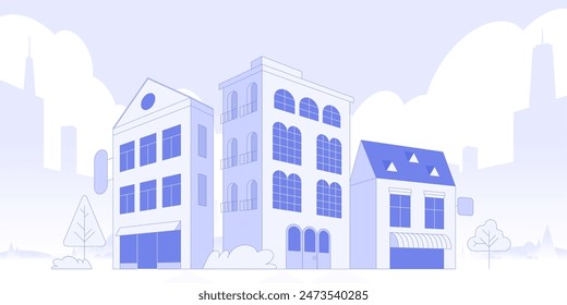 Fondo gris claro del paisaje urbano. Edificios urbanos con árboles a la vista del parque. Paisaje urbano monocromo con calle. Panorama arquitectónico moderno en estilo plano. Fondo de pantalla Horizontal de Ilustración vectorial