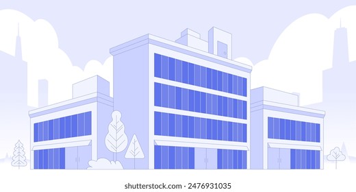 Light gray cityscape background. City buildings with trees at park view. Monochrome urban landscape with street. Modern architectural panorama in flat style. Vector illustration horizontal wallpaper