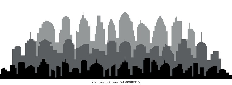 Light gray cityscape background. City buildings with trees at park view. Monochrome urban landscape with street. Modern architectural panorama in flat style. Vector illustration horizontal wallpaper