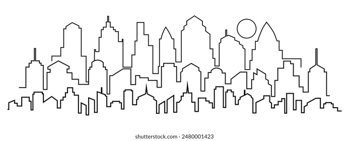Light gray cityscape background. City buildings with trees at park view. Monochrome urban landscape with street. Modern architectural panorama in flat style. Vector illustration horizontal wallpaper