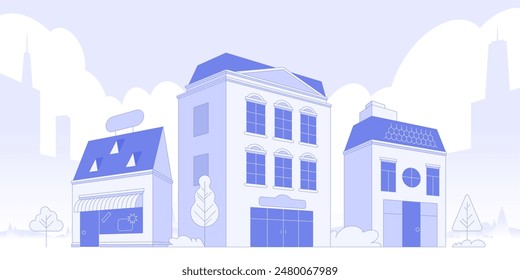 Light gray cityscape background. City buildings with trees at park view. Monochrome urban landscape with street. Modern architectural panorama in flat style. Vector illustration horizontal wallpaper