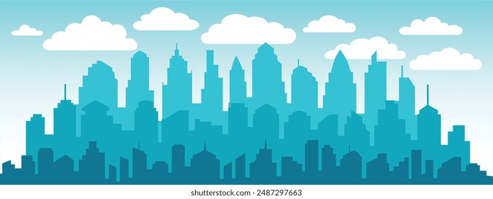 Light gray cityscape background. City buildings with trees at park view. Monochrome urban landscape with street. Modern architectural panorama in flat style. Vector illustration horizontal wallpaper