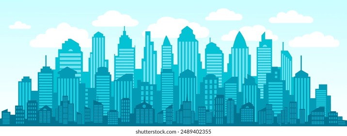 Light gray cityscape background. City buildings with trees at park view. Monochrome urban landscape with street. Modern architectural panorama in flat style. Vector illustration horizontal wallpaper