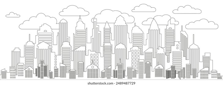 Light gray cityscape background. City buildings with trees at park view. Monochrome urban landscape with street. Modern architectural panorama in flat style. Vector illustration horizontal wallpaper