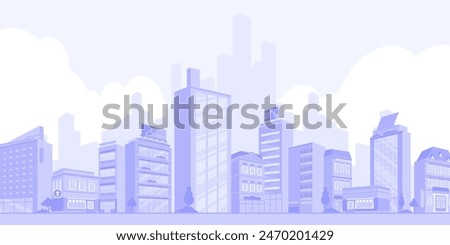 Light gray cityscape background. City buildings with trees at park view. Monochrome urban landscape with street. Modern architectural panorama in flat style. Vector illustration horizontal wallpaper