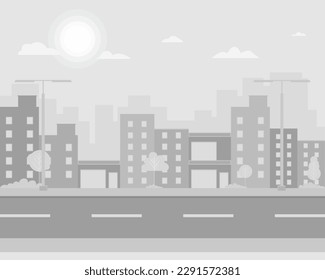 Light gray color cityscape background. City buildings and trees beside the road. Monochrome urban landscape beside the street. Flat style illustration. Vector illustration background.